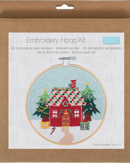Trimits Embroidery Hoop Kits - 15cm 6” Beginner Starter Set, Includes Bamboo Hoop Threads Cloth Needle Backing & Instructions, Christmas Cottage