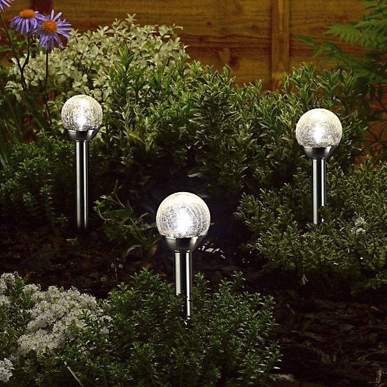 Solar LED Glass Crackle Globe Stake Light – Stainless Steel Garden Path Light