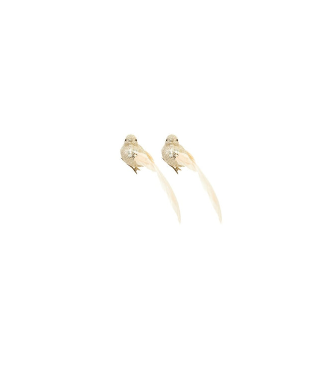 15cm Set of 2 Champagne Gold Feather Bird on Backing Card