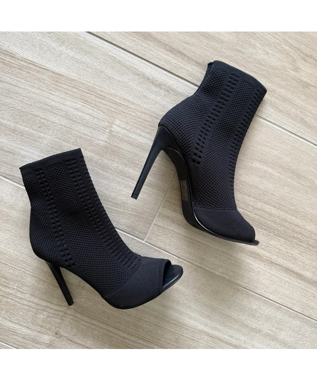 miss selfridge pointy peep toe black pull up boots