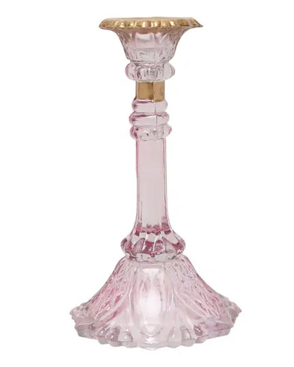 Glass Candlestick Holder with Gold Rim - Pink