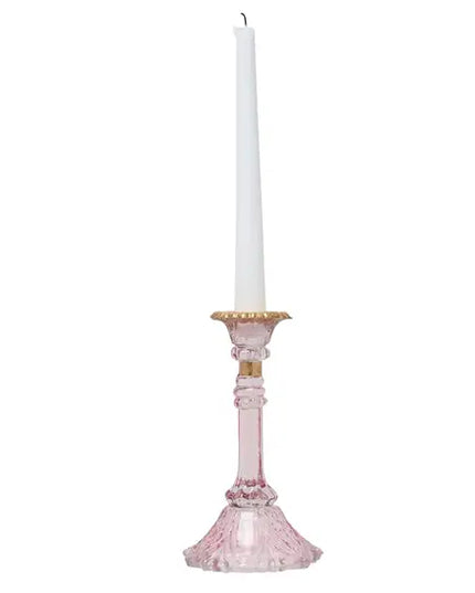 Glass Candlestick Holder with Gold Rim - Pink
