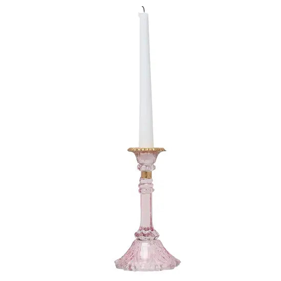 Glass Candlestick Holder with Gold Rim - Pink