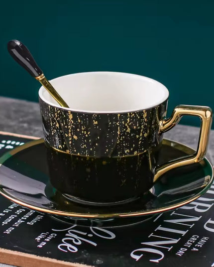 Black & Gold Ceramic Coffee Cup and Saucer with Spoon – Luxury Tea Mug Set