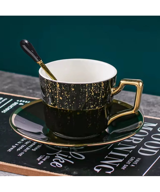 Black & Gold Ceramic Coffee Cup and Saucer with Spoon – Luxury Tea Mug Set