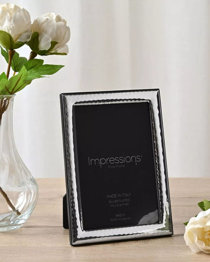 Impressions 999 Silver Hammered Photo Frame 4" x 6" Wood Back Made In Italy
