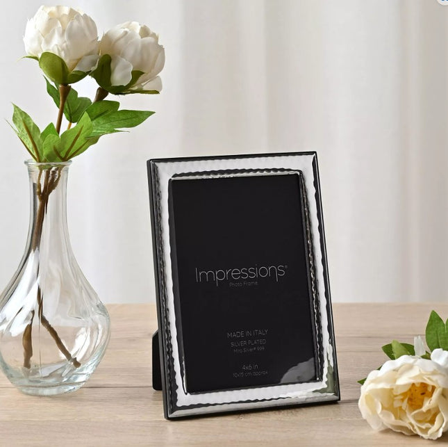 Impressions 999 Silver Hammered Photo Frame 4" x 6" Wood Back Made In Italy
