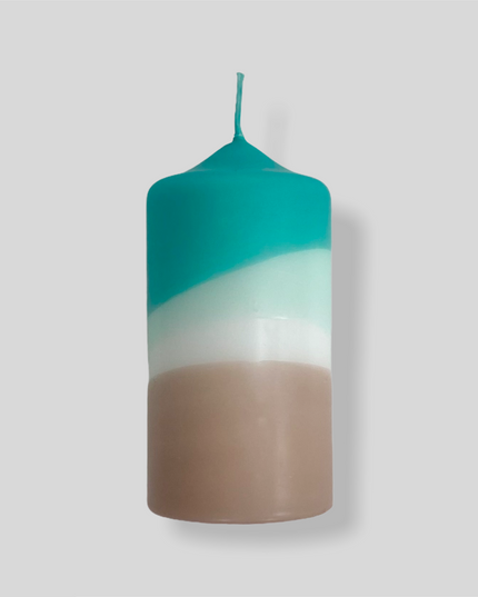 Pink Stories Dip Dye Pillar Candle – Teal, White & Sand – 13cm