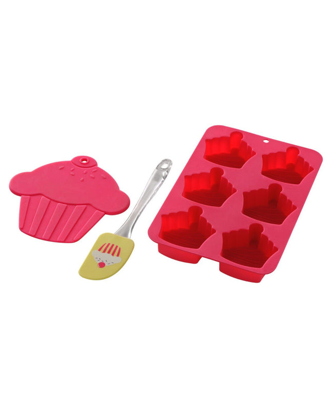 Cupcake Baking Set,6 Silicone Moulds,Trivet & Yellow Spatula,Non-Stick Baking Set with Moulds, & Sheet