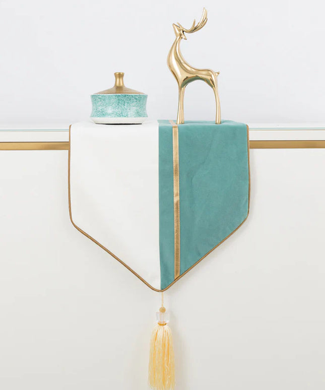Luxury Table Runner 32×180cm – Teal & White with Gold Trim and Tassels