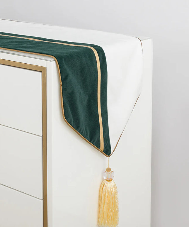 Luxury Table Runner 32×180cm – Teal & White with Gold Trim and Tassel