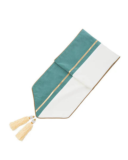 Luxury Table Runner 32×180cm – Teal & White with Gold Trim and Tassels
