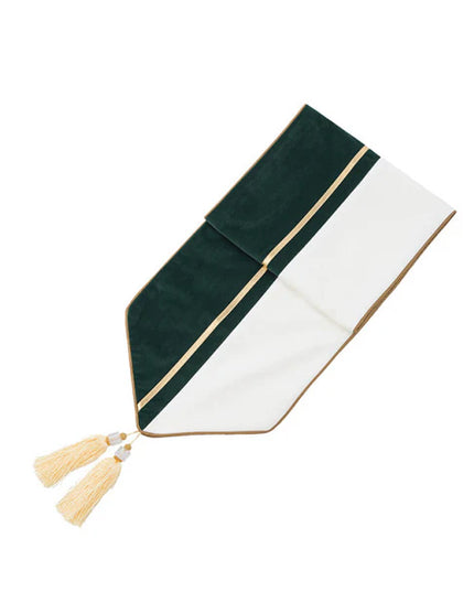 Luxury Table Runner 32×180cm – Teal & White with Gold Trim and Tassel