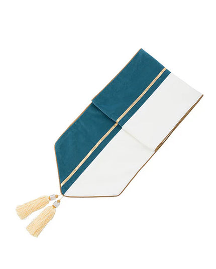 Luxury Table Runner 32×180cm – Navy & White with Gold Trim and Tassels