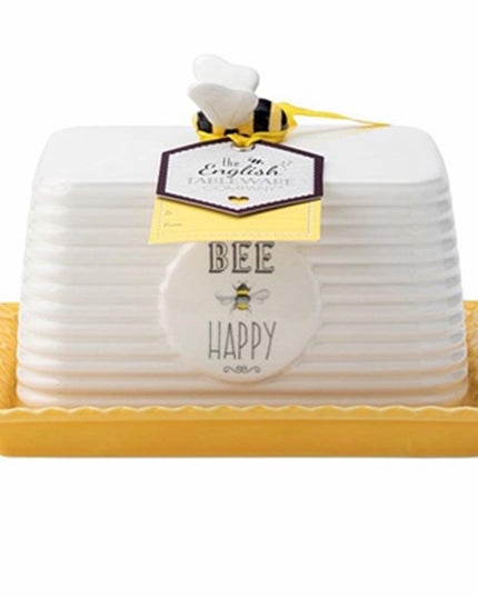 Bee Happy Butter Dish Ceramic Covered Butter Holder Kitchen Table Butter Keeper