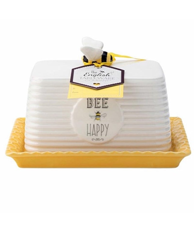 Bee Happy Butter Dish Ceramic Covered Butter Holder Kitchen Table Butter Keeper