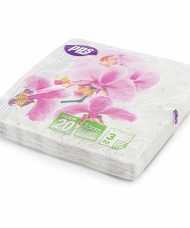 PPS 3 Ply Paper Napkins 33cm – Orchid Flower Design | 20 Pack Party Napkins