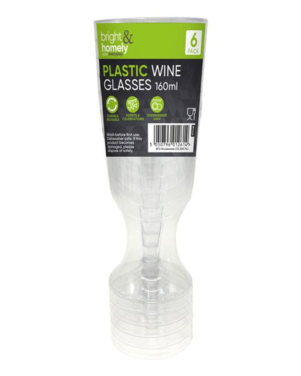 BRIGHT & HOMELY PLASTIC WINE GLASSES 160ML 6 PACK