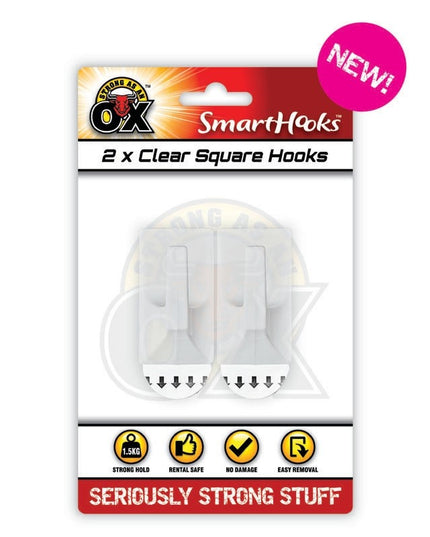 STRONG AS AN OX CLEAR SQUARE HOOKS 2PK