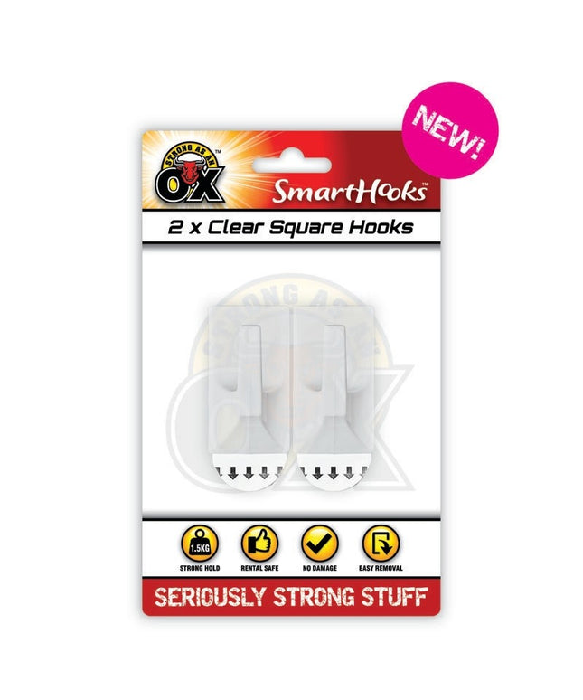 STRONG AS AN OX CLEAR SQUARE HOOKS 2PK
