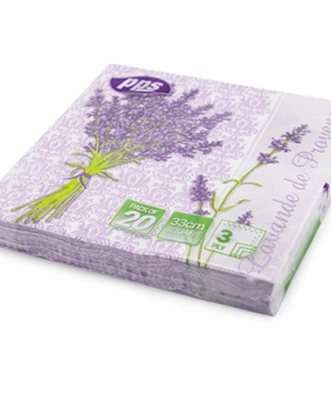 PPS 3 Ply Paper Napkins 33cm – Lavender Flower Design | 20 Pack Party Napkins