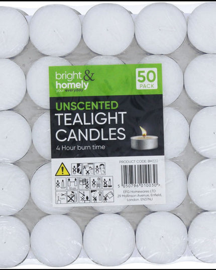 BRIGHT & HOMELY TEALIGHT CANDLES 50 PACK 4 HOUR BURN TIME
