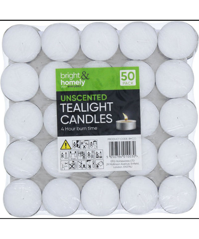 BRIGHT & HOMELY TEALIGHT CANDLES 50 PACK 4 HOUR BURN TIME