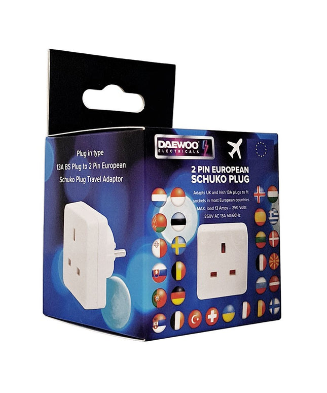DAEWOO EUROPEAN TRAVEL ADAPTOR UK 3 PIN TO 2 PIN EUROPE