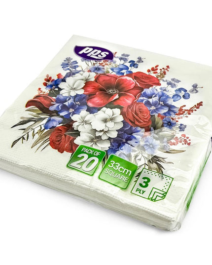 PPS 3-PLY NAPKIN WHITE & RED FLOWERS DESIGN 33CM 20 PIECES