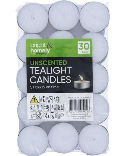 BRIGHT & HOMELY TEALIGHT CANDLES 30 PACK 5 HOUR BURN TIME