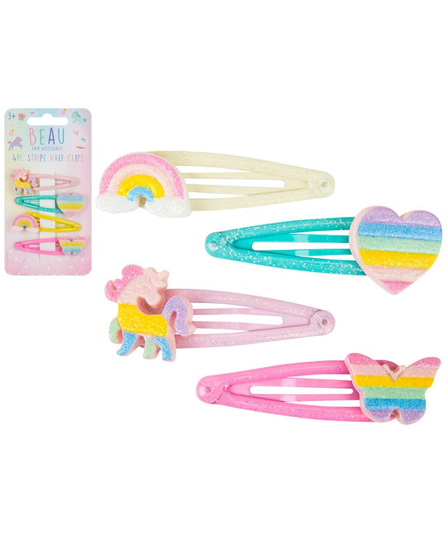 BEAU UNICORN STRIPE HAIR CLIPS 4PC