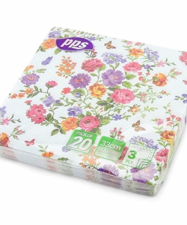 PPS 3 Ply Paper Napkins 33cm – Butterfly Flower Design | 20 Pack Party Napkins