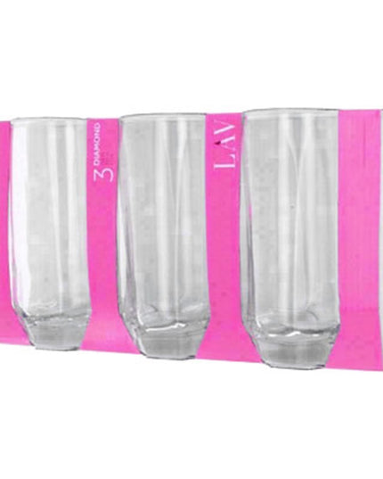 LAV Diamond Hi-Ball Glasses 385ml – Set of 3 Clear Drinking Glasses for Water, Juice & Cocktails