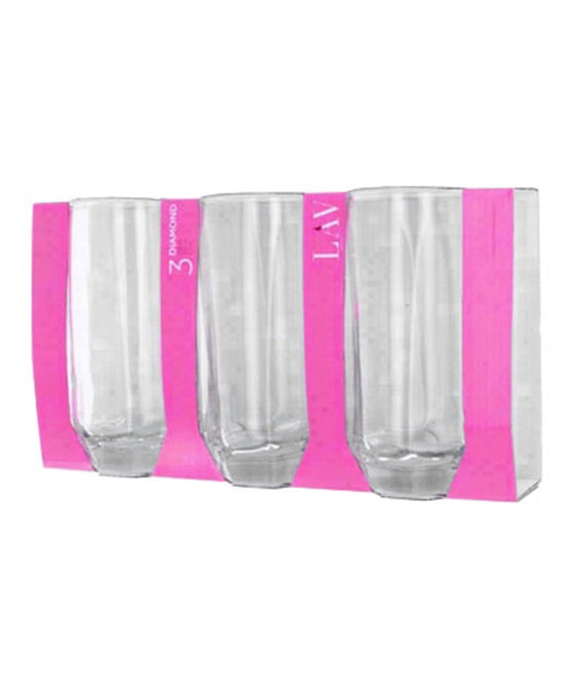 LAV Diamond Hi-Ball Glasses 385ml – Set of 3 Clear Drinking Glasses for Water, Juice & Cocktails