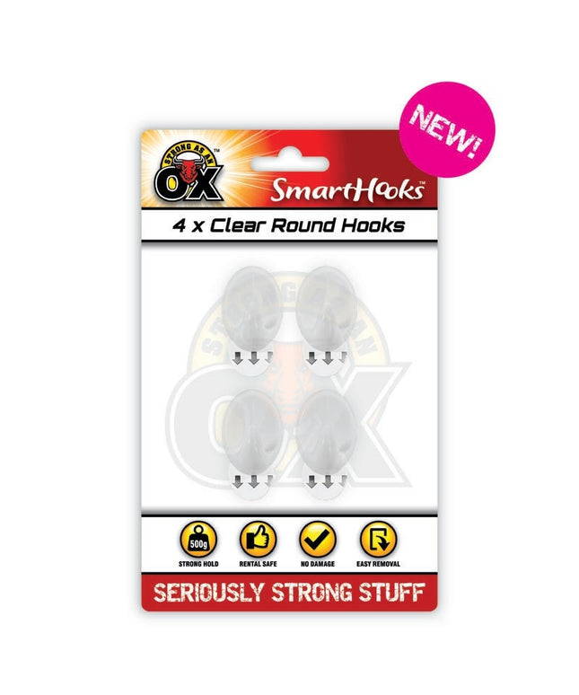 Strong As An Ox Clear Round Hooks 4 Pack – Heavy Duty Adhesive Wall Hooks | No Drill Transparent Sticky Hooks