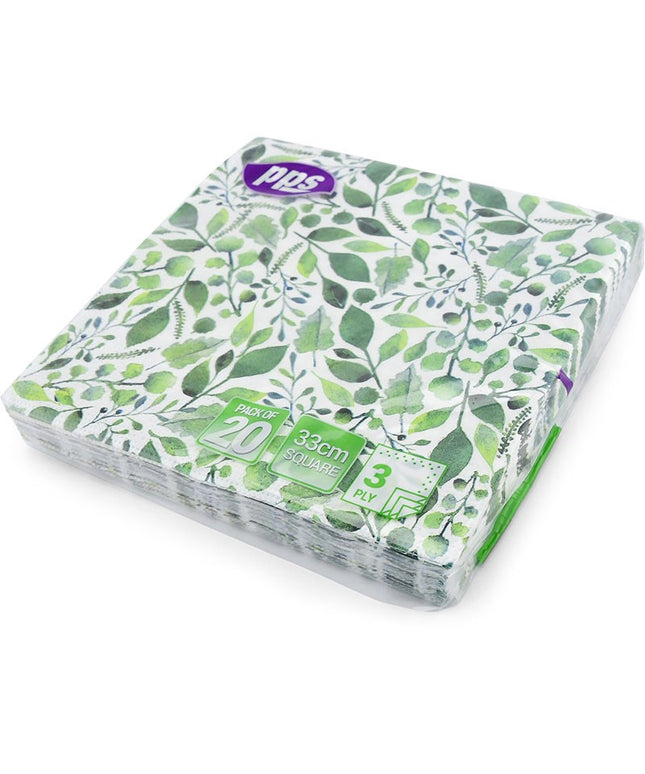 PPS 3 Ply Paper Napkins 33cm – Green Leaf Design | 20 Pack Party Napkins