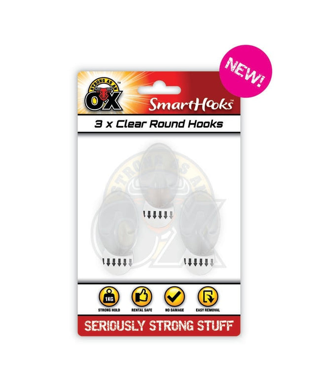 STRONG AS AN OX CLEAR ROUND HOOKS 3PK
