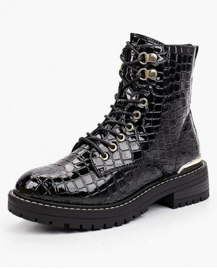 Topshop King Lace-Up Chunky Croc Patent Boots – Black