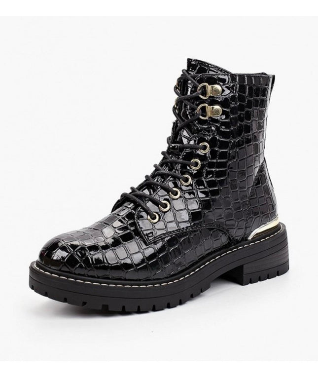 Topshop King Lace-Up Chunky Croc Patent Boots – Black
