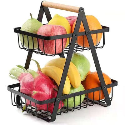 2-Tier Metal Fruit and Vegetable Storage Basket with Wooden Handle