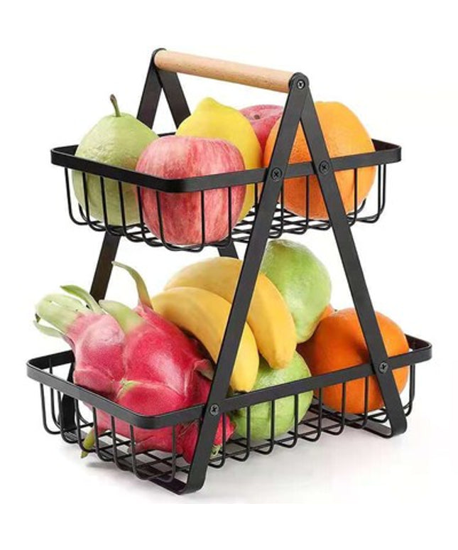 2-Tier Metal Fruit and Vegetable Storage Basket with Wooden Handle