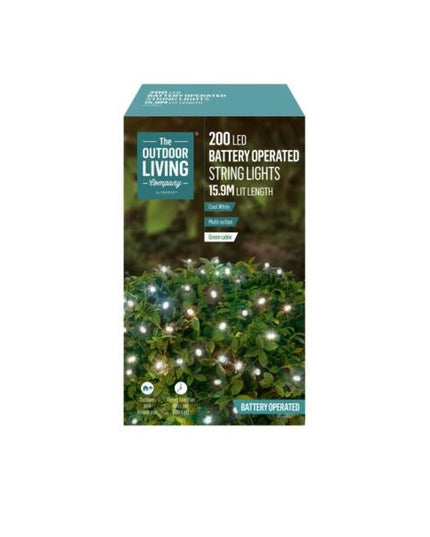 The Outdoor Living Company 200 LED Battery Operated String Lights – Cool White, 15.9m (Green Cable)