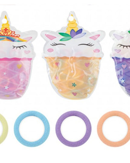 HAIR BANDS IN UNICORN ICE CREAM POUCH. 40PC 3 ASSTD