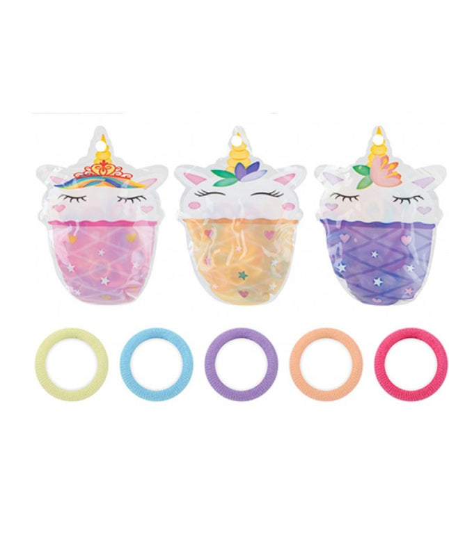 HAIR BANDS IN UNICORN ICE CREAM POUCH. 40PC 3 ASSTD