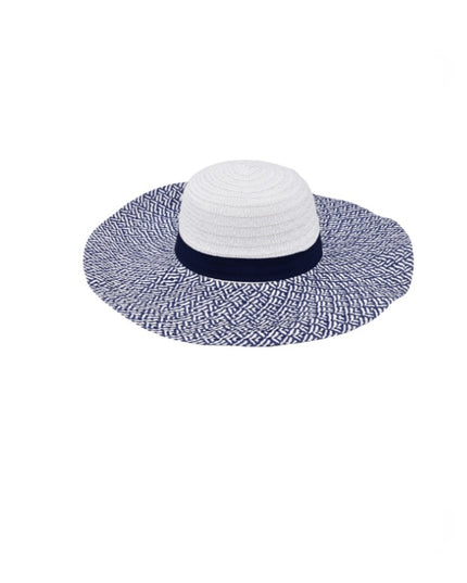 Ladies Wide Brim Hat Blue & White Mosaic